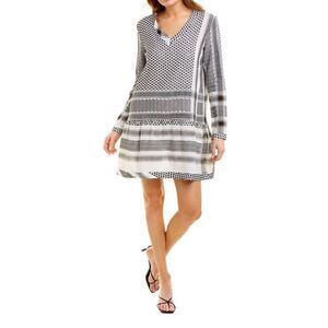 CECILIE COPENHAGEN Black and White Long Sleeve Boxy A-Line V Neck Dress Sz M